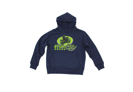 Navy hoodie - green stunt city logo