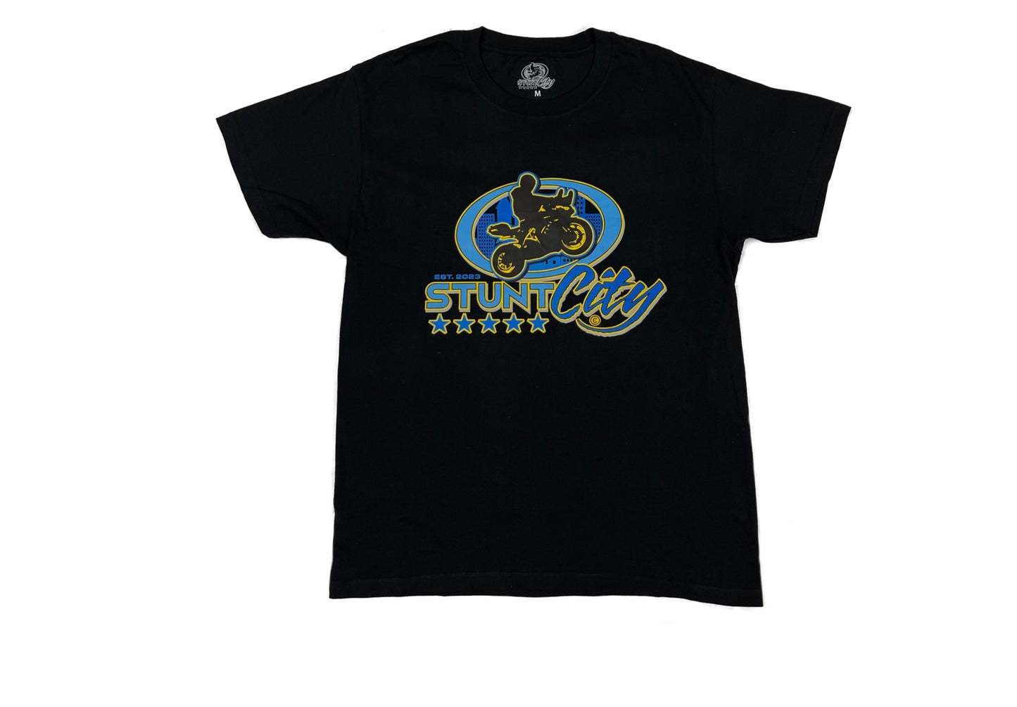 Black t-shirt with blue Stunt City logo