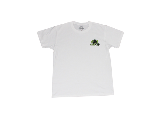 White t-shirt with green stunt city logo printed on left chest