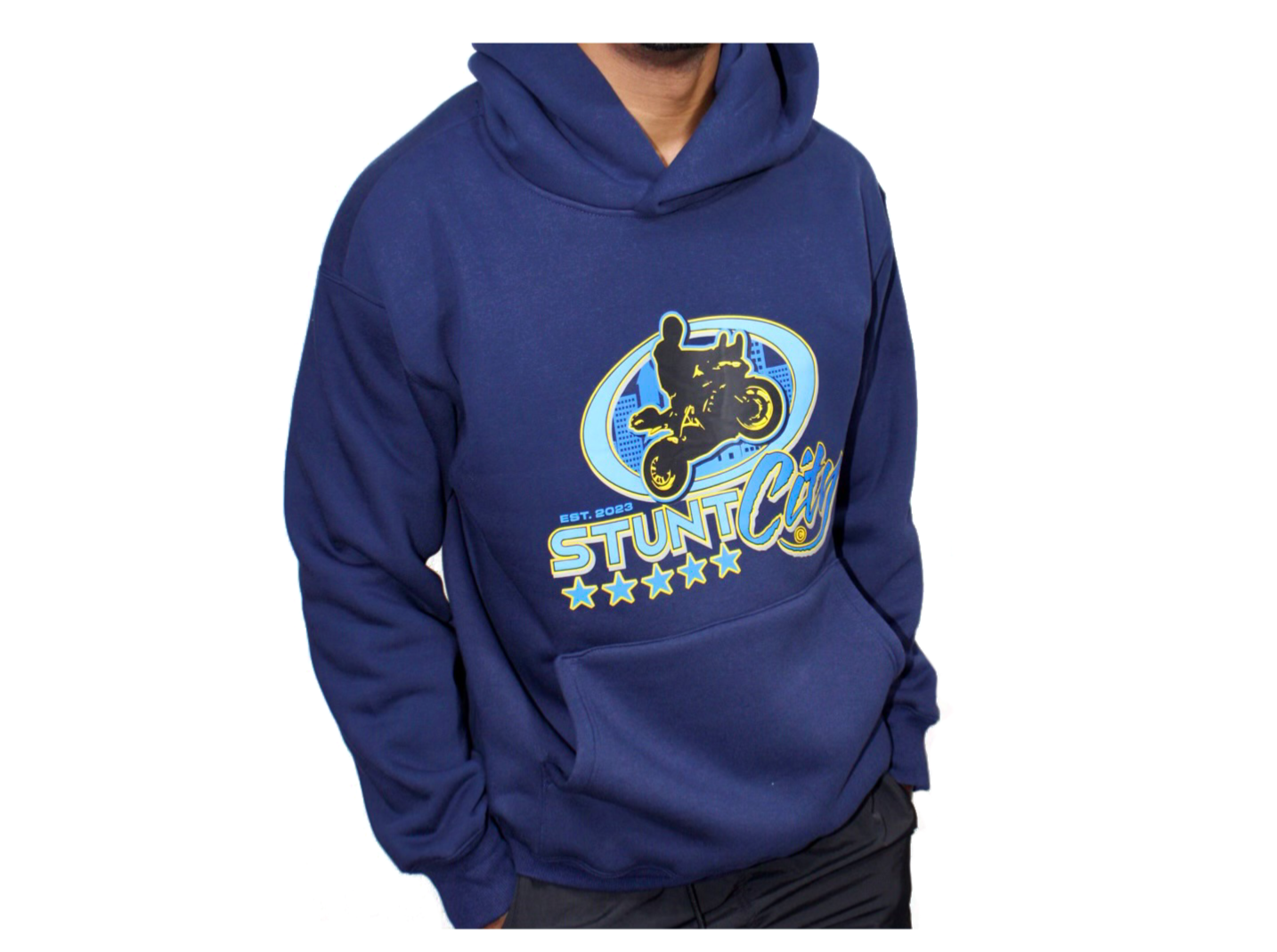 Navy blue hoodie with blue stuntcity logo