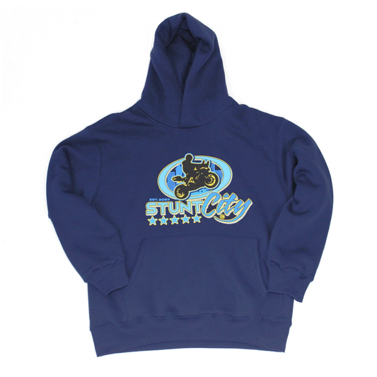 Navy blue hoodie with blue stuntcity logo