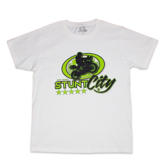 White t-shirt with green stunt city logo on chest
