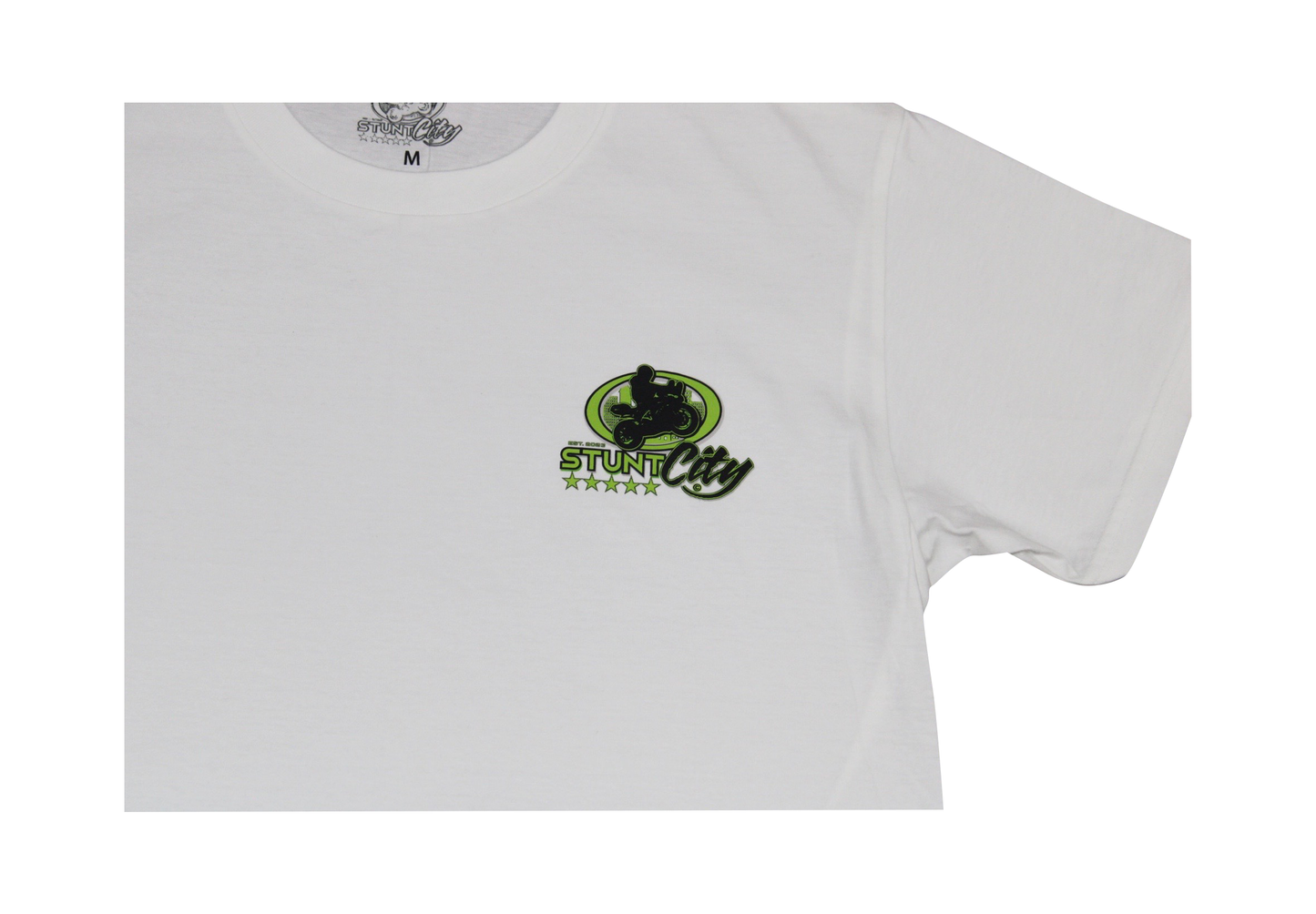 White t-shirt with green stunt city logo printed on left chest