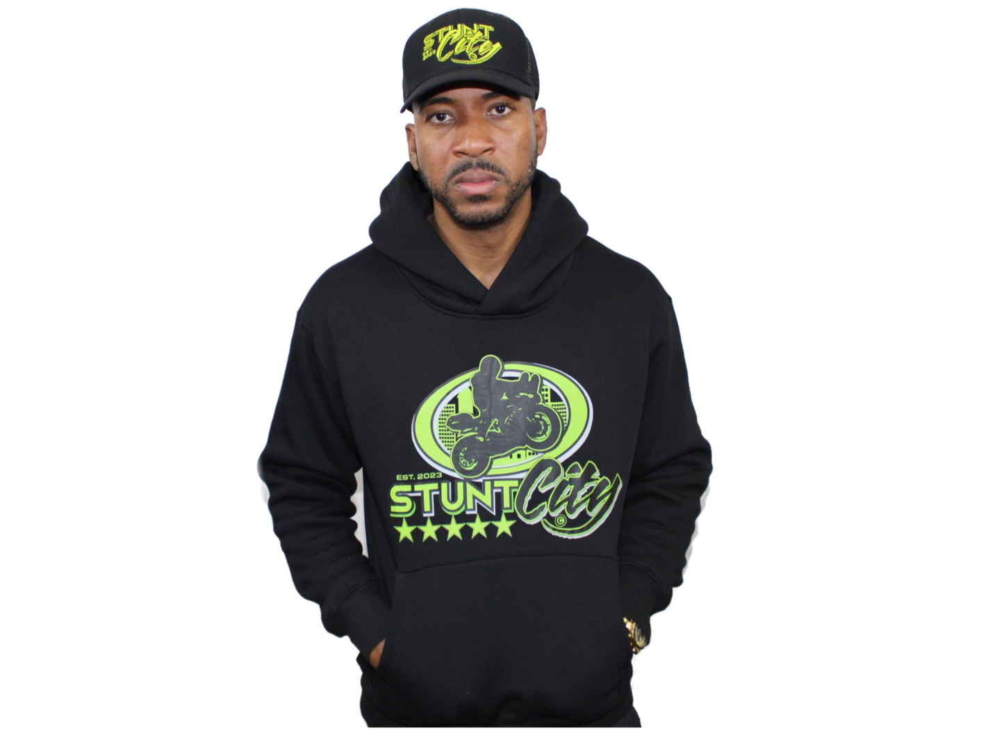 Black hoodie with green logo