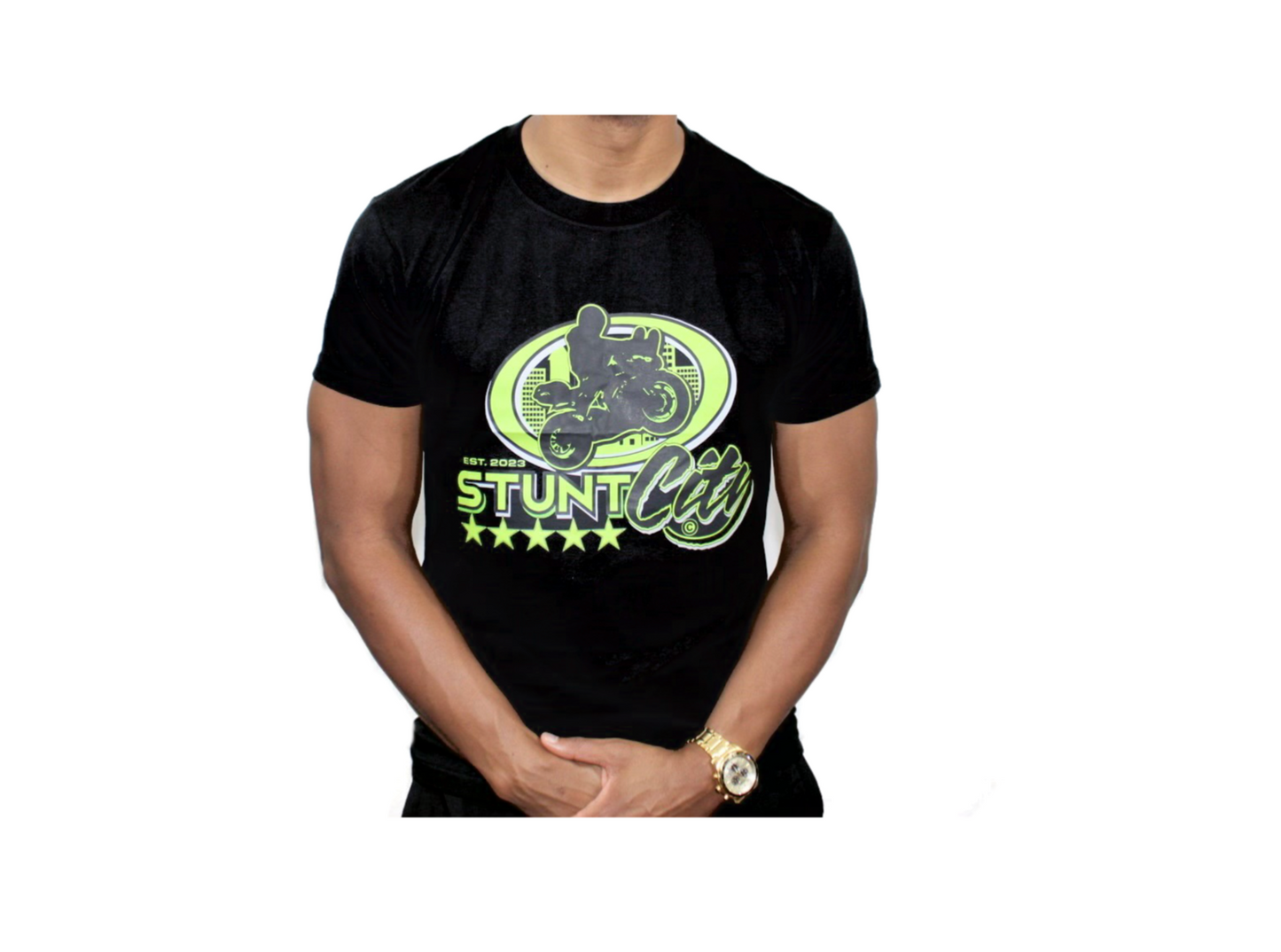 Black t-shirt with green stuntcity logo