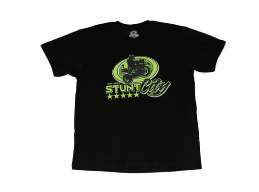 Black t-shirt with green stuntcity logo