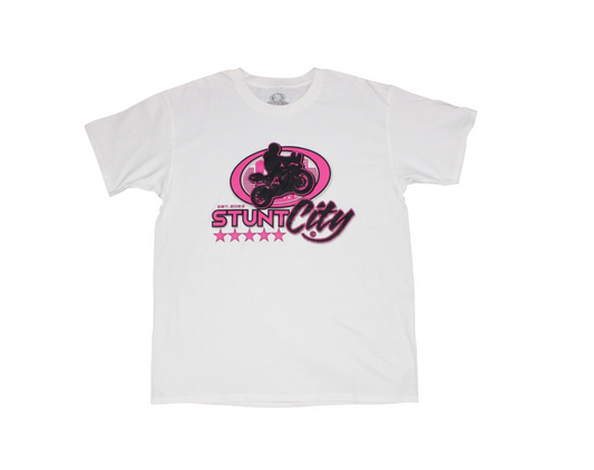 White t-shirt -pink stunt city logo in chest