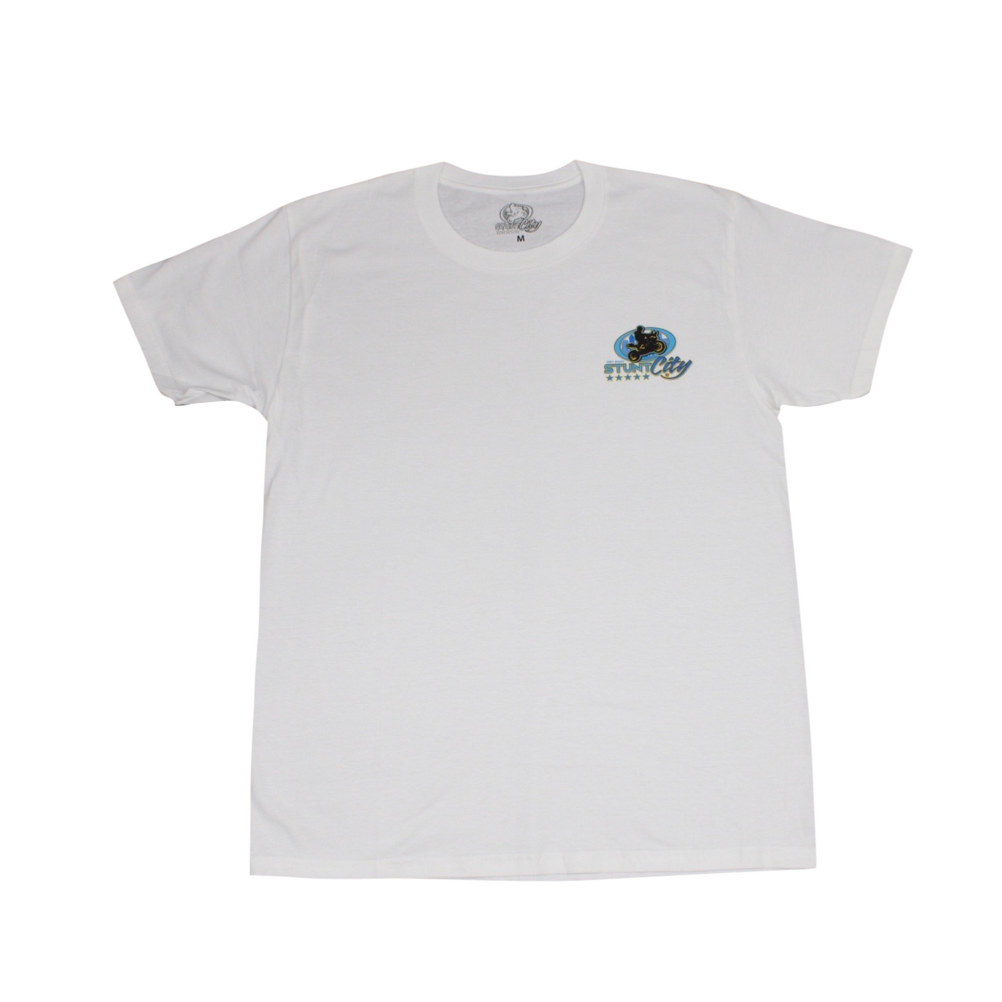 White t-shirt with blue stunt city logo on left chest