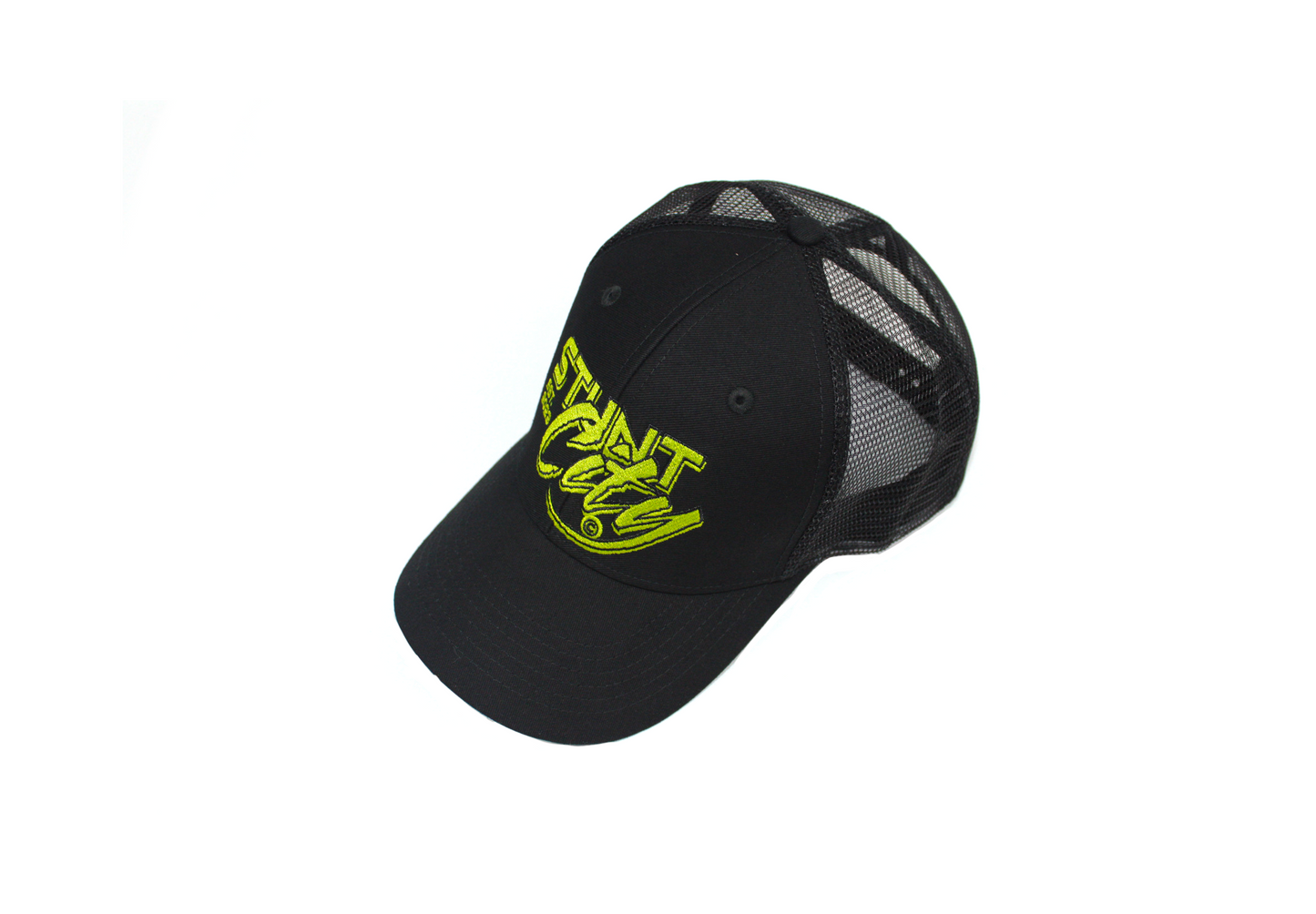 Black trucker hat with green stunt city logo