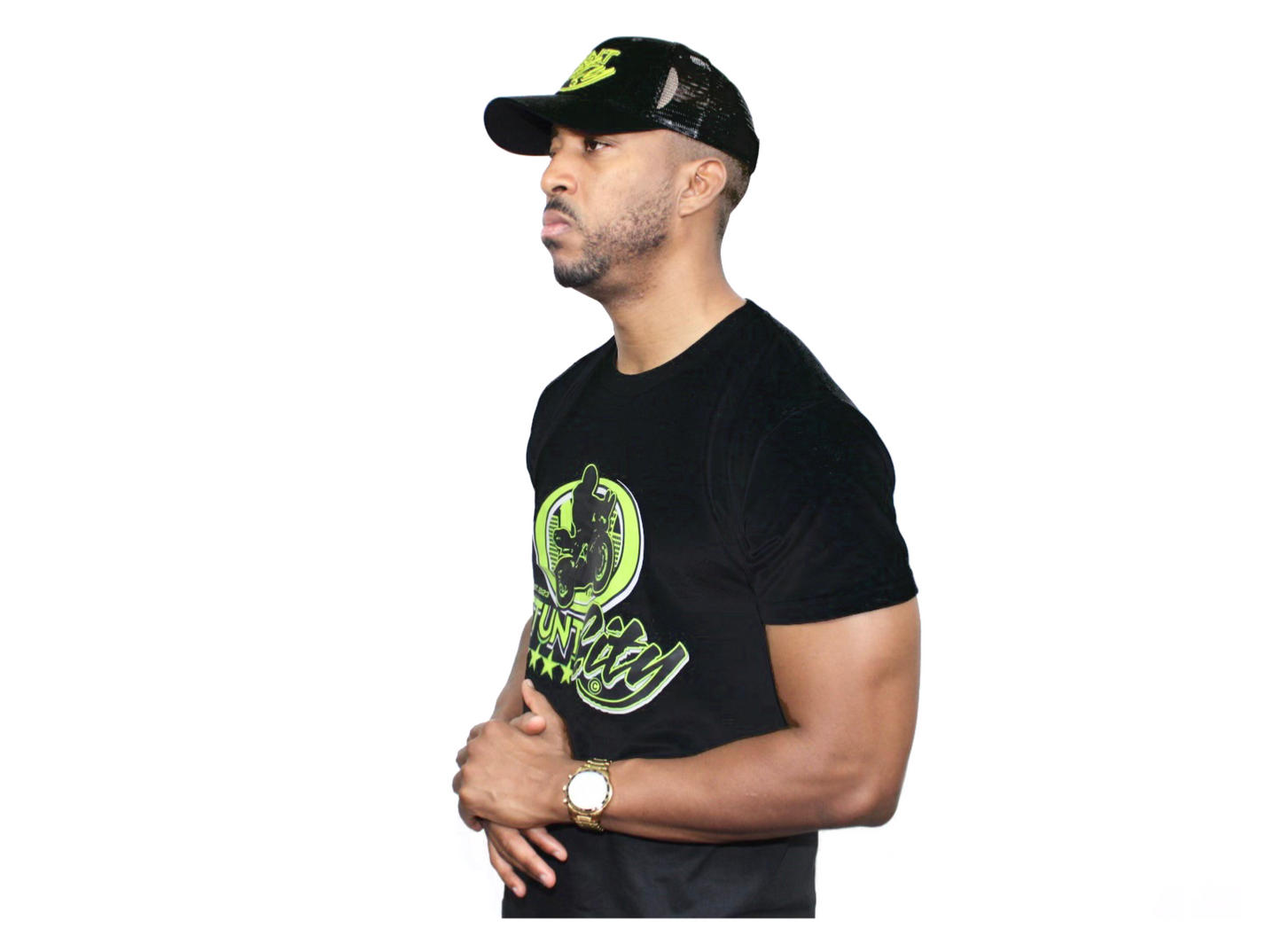 Black t-shirt with green stuntcity logo