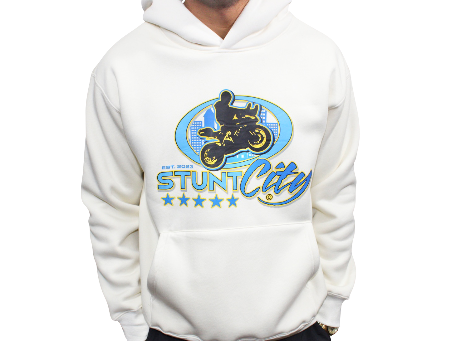 Beige hoodie -blue Stunt City logo