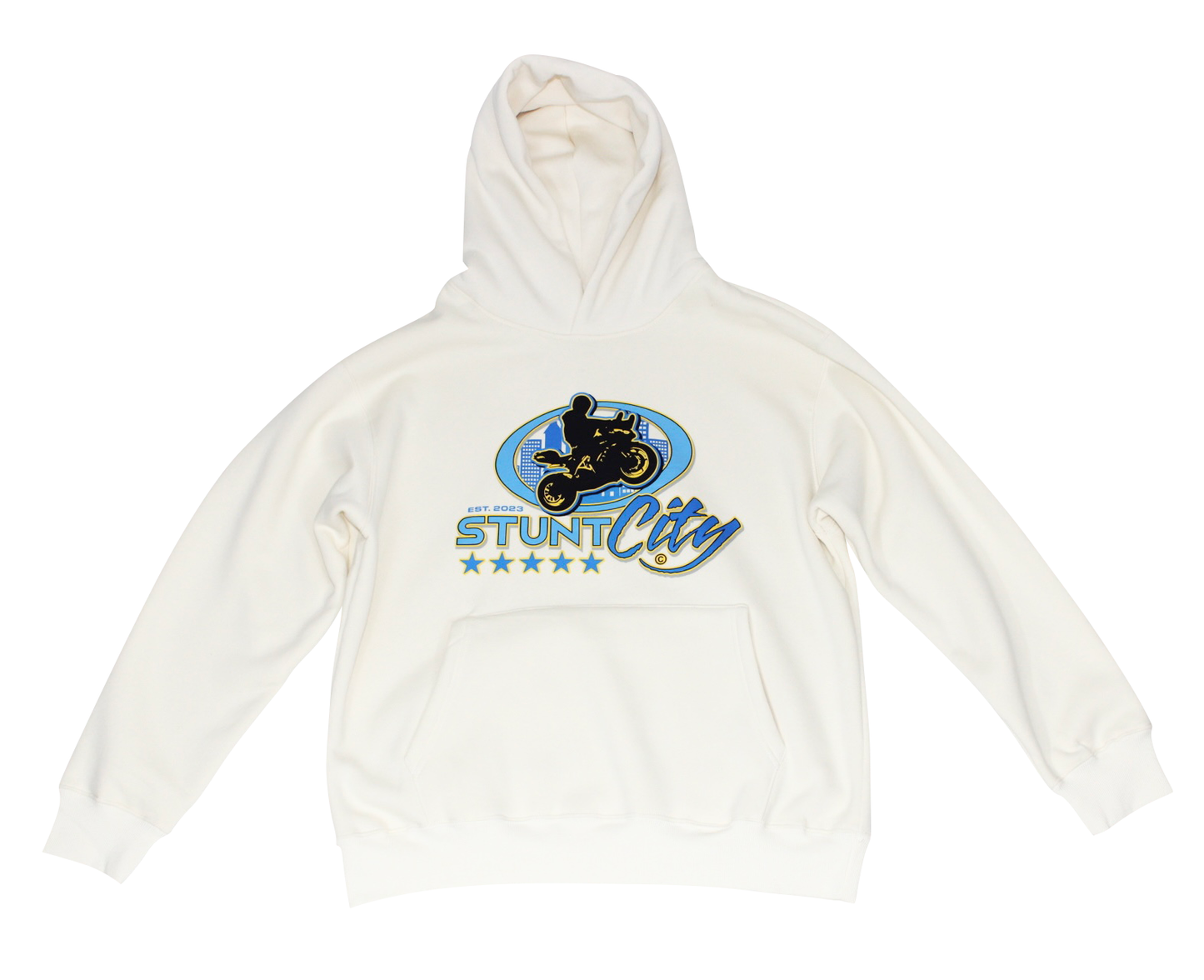 Beige hoodie -blue Stunt City logo